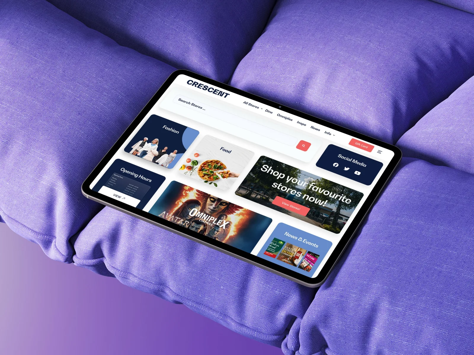 website design shown on tablet with shopping center categories.