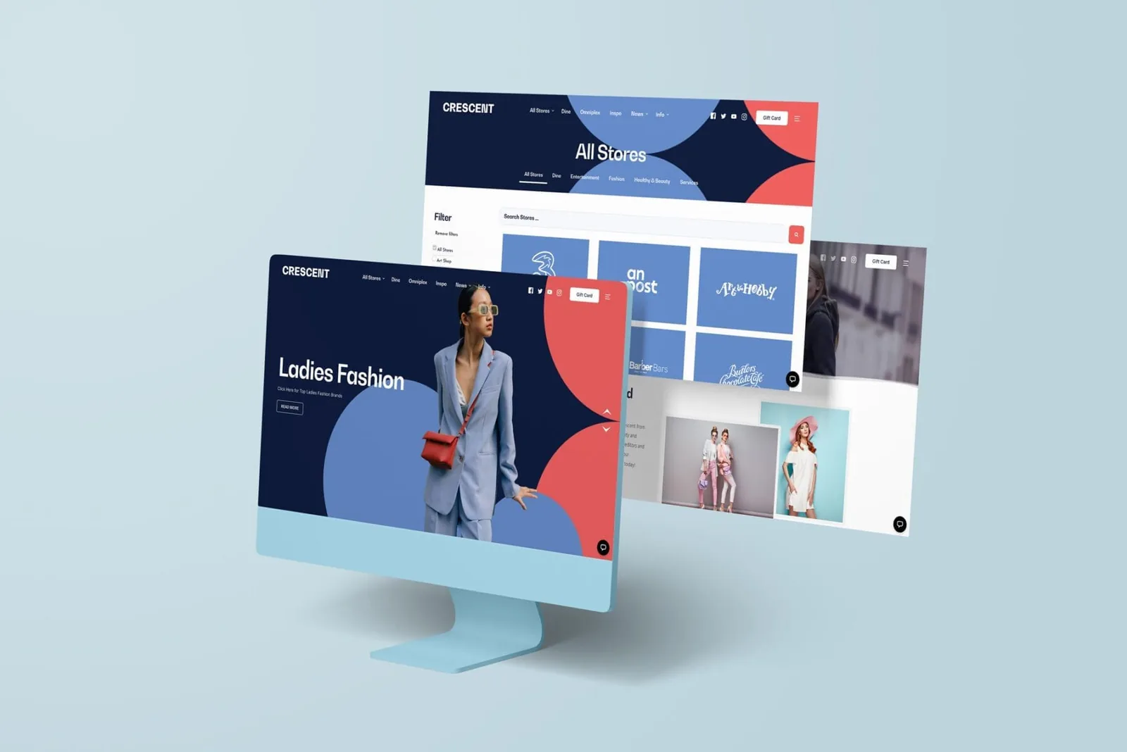 Ecommerce website design displaying fashion pages and store directory.