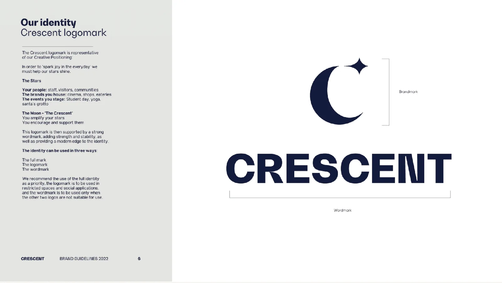 Brand identity design showing Crescent logomark and wordmark.