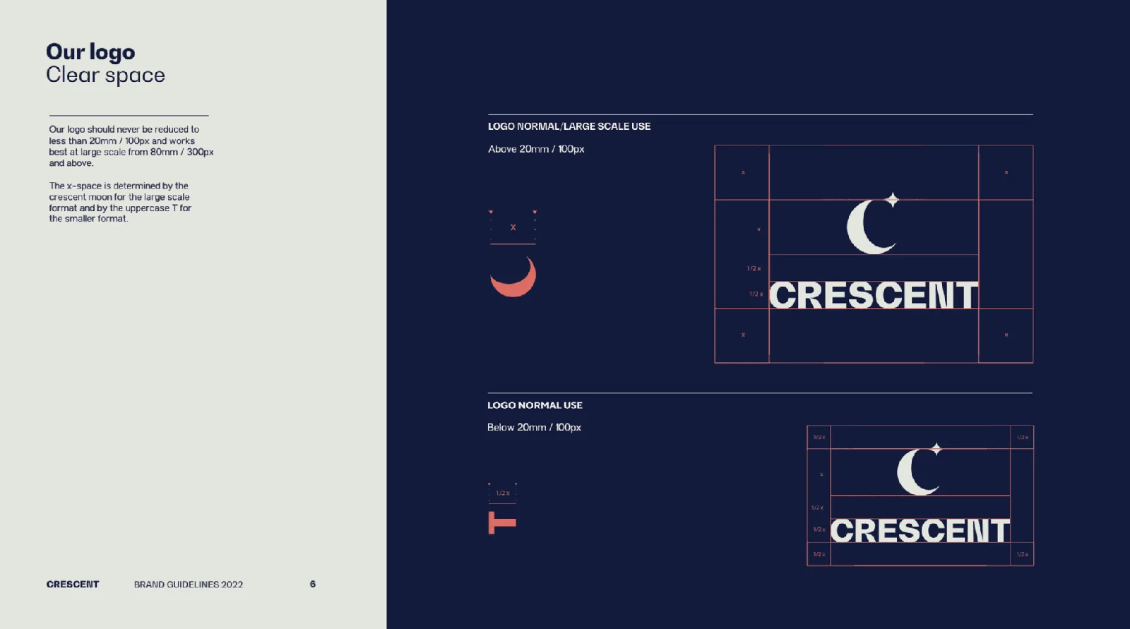 Crescent logo clear space guidelines for brand identity design.