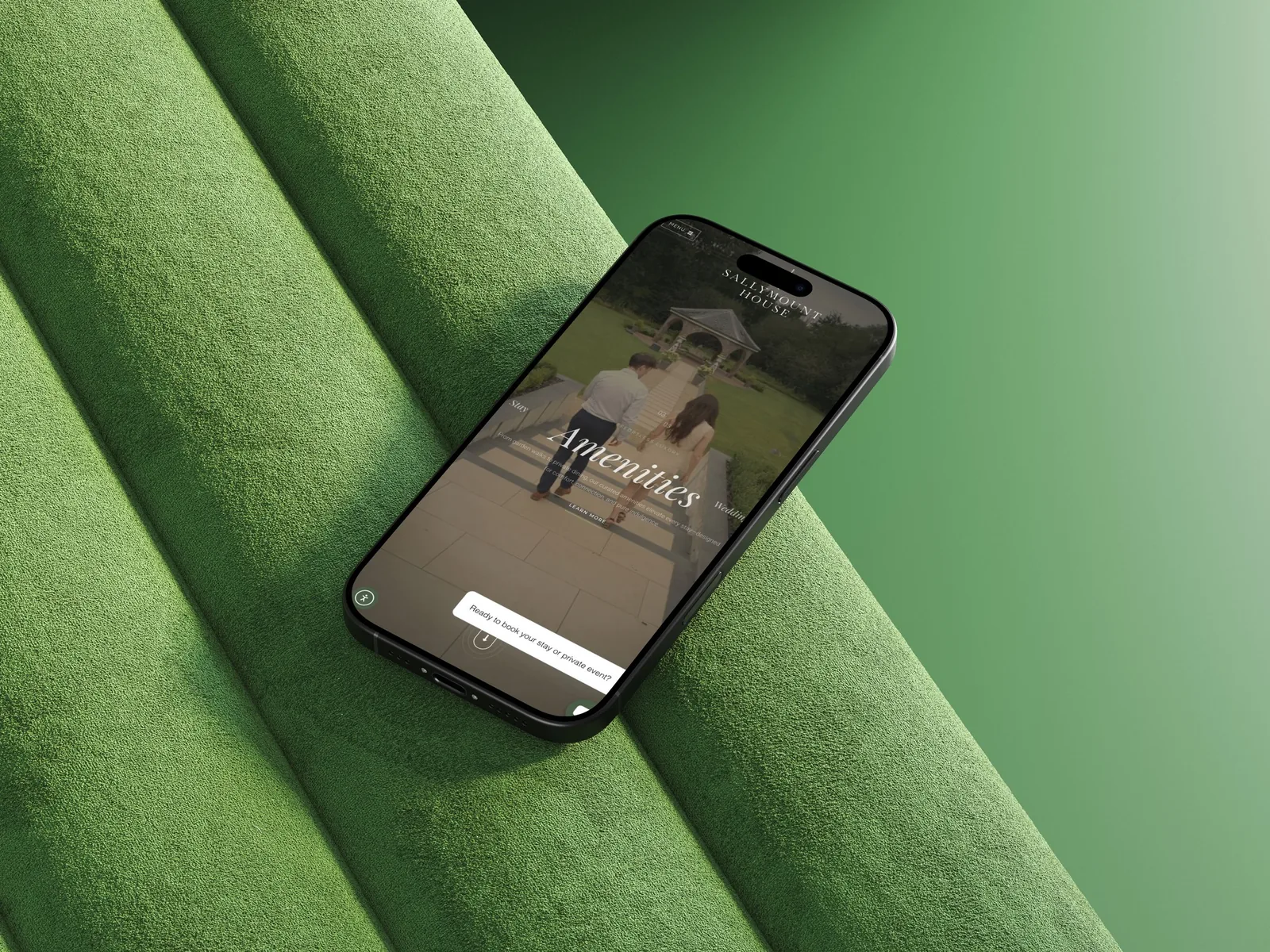 Smartphone displaying Sallymount House website amenities, demonstrating website design.