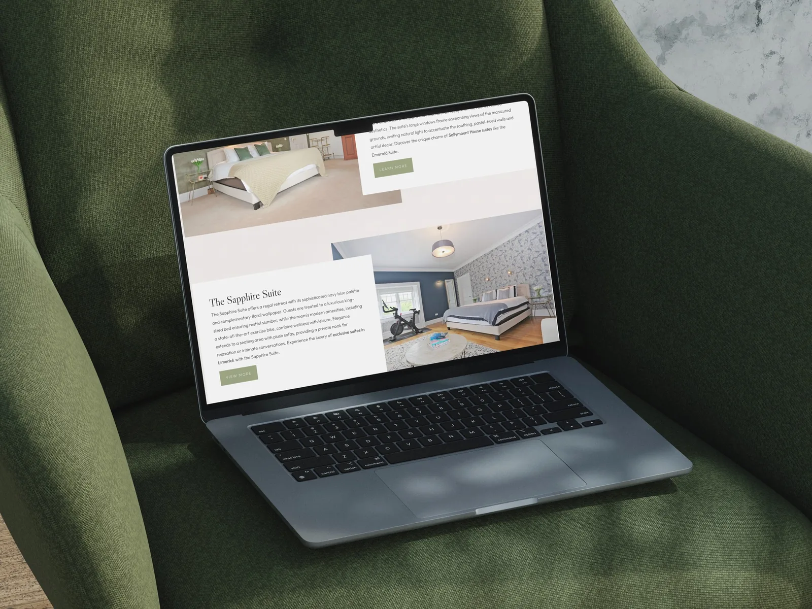 Laptop showing elegant hotel suite website, reflecting quality website design.