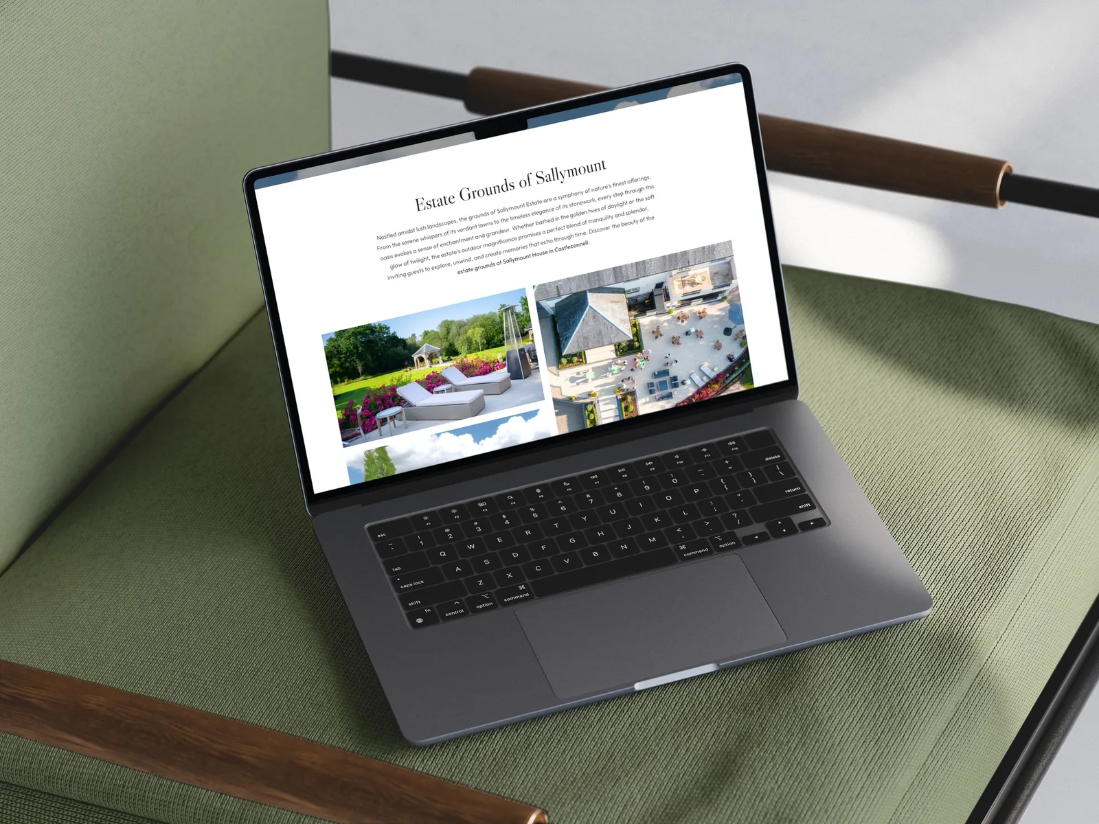 Laptop screen shows an elegant website layout for website design.