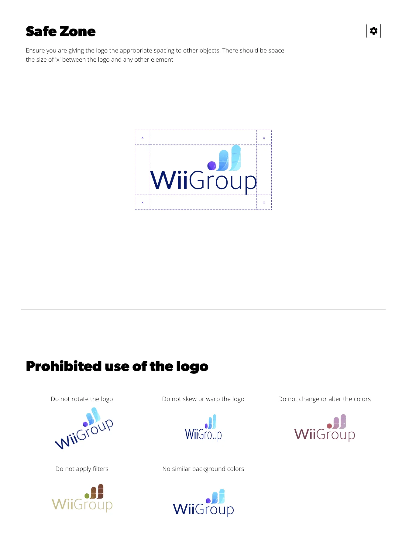 WiiGroup logo safe zone and prohibited uses for brand identity design.