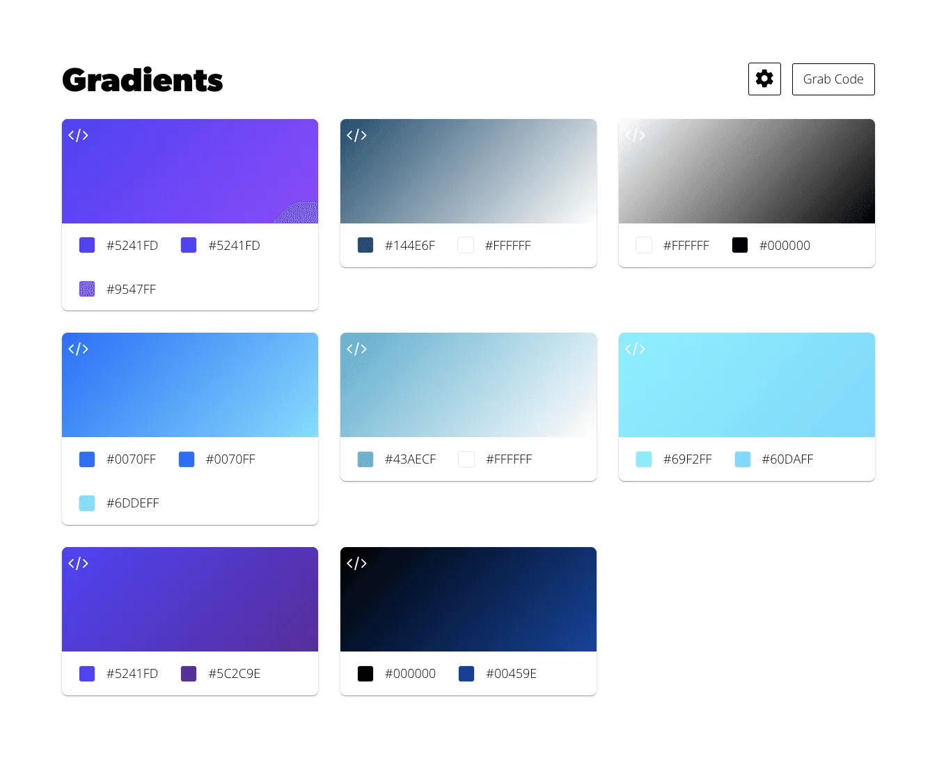 UI displaying color gradients with hex codes for website design projects.