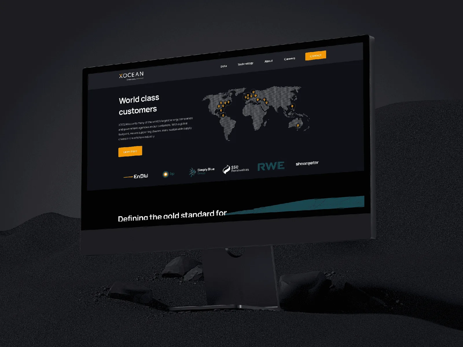 Professional website design with global customer map and client logos.