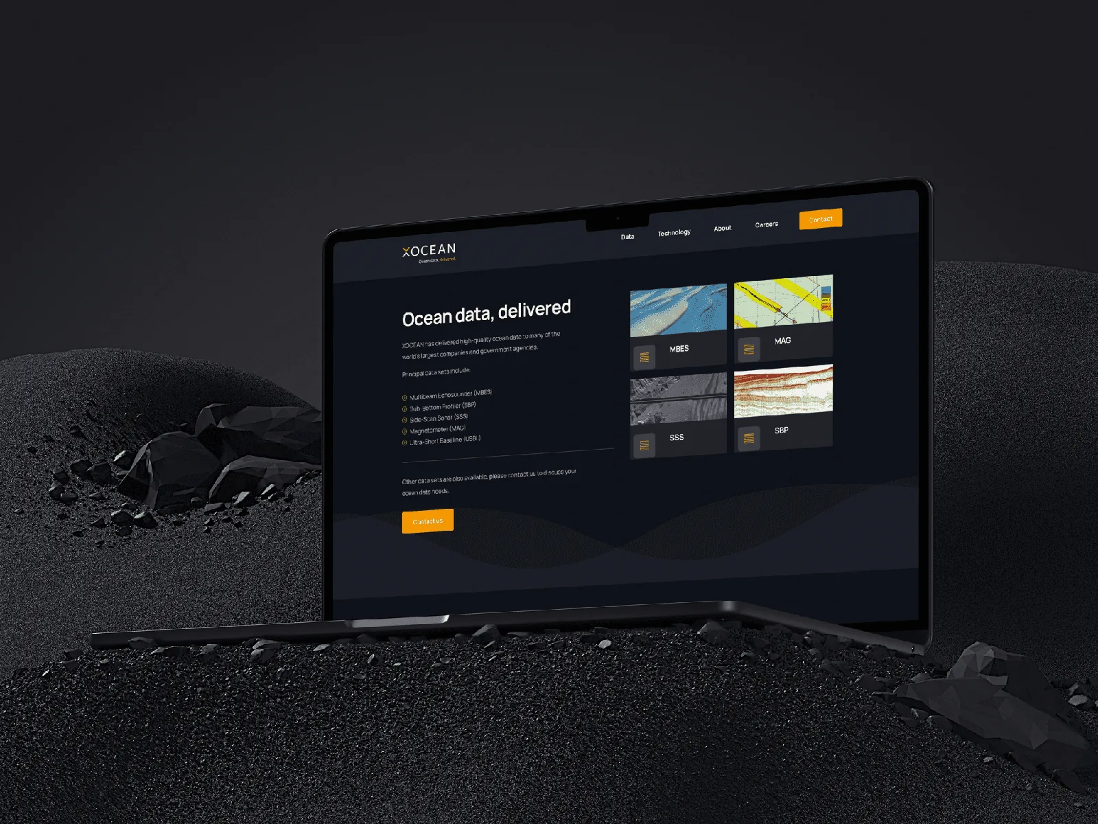 Modern website design with dark mode interface for data service presentation.